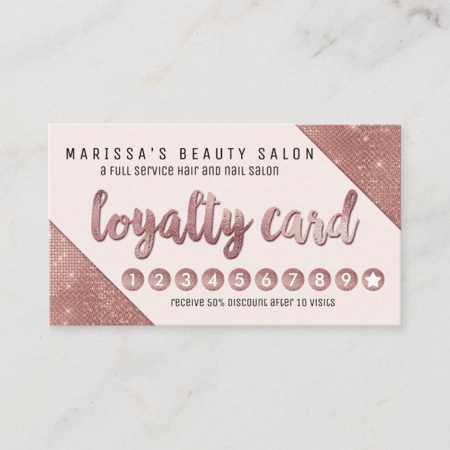 Chic Faux Rose Gold Glitter Sequins Loyalty Card (Front)