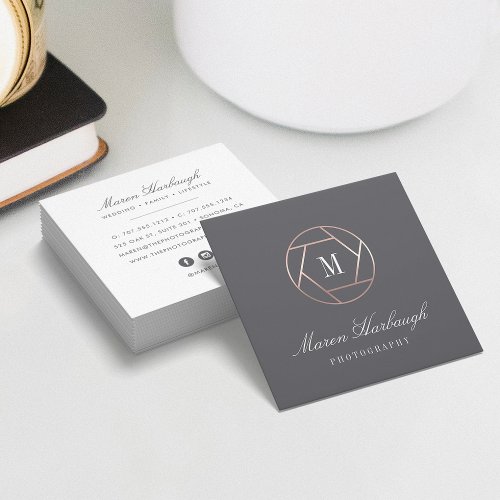 Chic Faux Rose Gold Photographer Monogram Logo Square Business Card