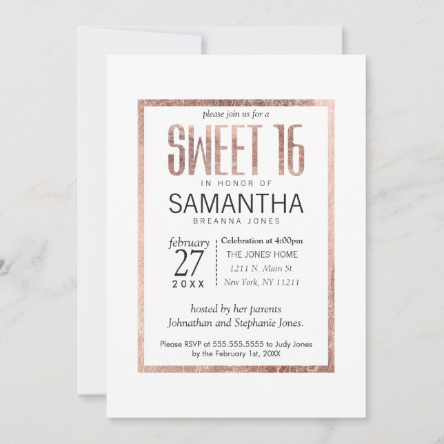 Chic Faux Rose Gold Sweet 16 Invitations (Front)
