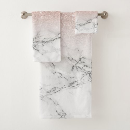 Chic faux rose pink glitter ombre white marble bath towel set