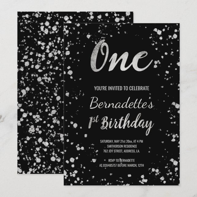 Chic faux silver confetti splatters first Birthday Invitation (Front/Back)