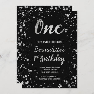 Chic faux silver confetti splatters first Birthday Invitation