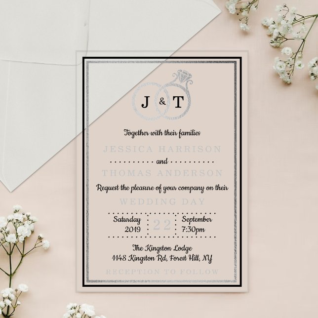 Chic Faux Silver Foil Monogram Wedding Rings Acrylic Invitations (Creator Uploaded)