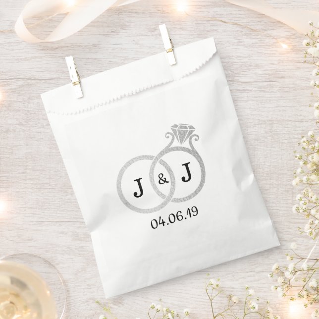 Chic Faux Silver Foil Monogram Wedding Rings Favor Bag (Clipped)