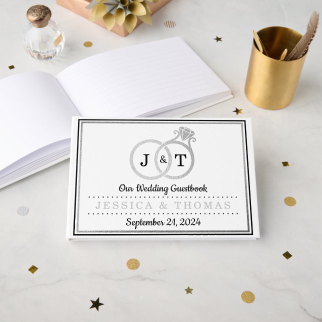 Chic Faux Silver Foil Monogram Wedding Rings Guest Book (Front Open)