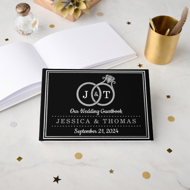 Chic Faux Silver Foil Monogram Wedding Rings Guest Book (Front Open)