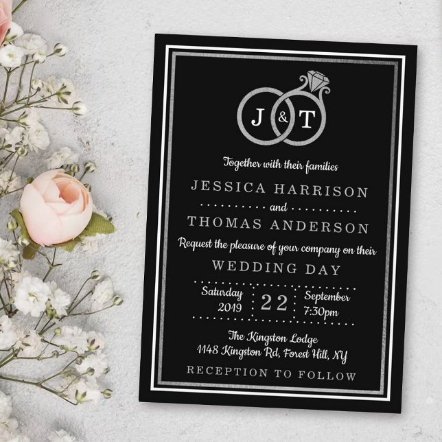 Chic Faux Silver Foil Monogram Wedding Rings Invitation (Creator Uploaded)