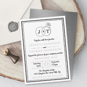 Chic Faux Silver Foil Monogram Wedding Rings Invitation