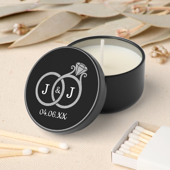 Chic Faux Silver Foil Monogram Wedding Rings Mini Candle Favors (Insitu)