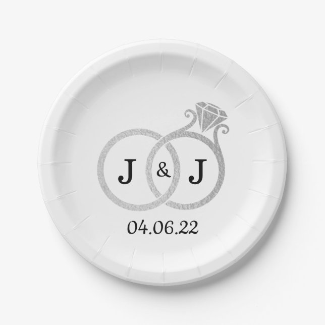 Chic Faux Silver Foil Monogram Wedding Rings Paper Plates (Front)