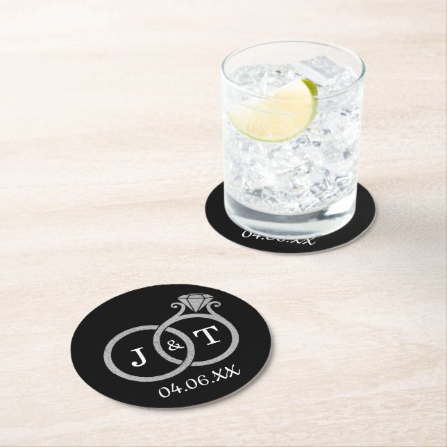 Chic Faux Silver Foil Monogram Wedding Rings Round Paper Coaster (Insitu)