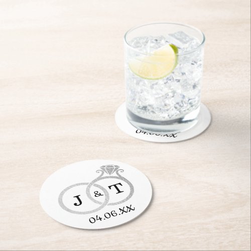 Chic Faux Silver Foil Monogram Wedding Rings Round Paper Coaster