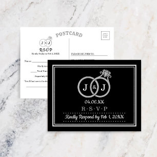Chic Faux Silver Foil Monogram Wedding Rings RSVP Invitation Postcard