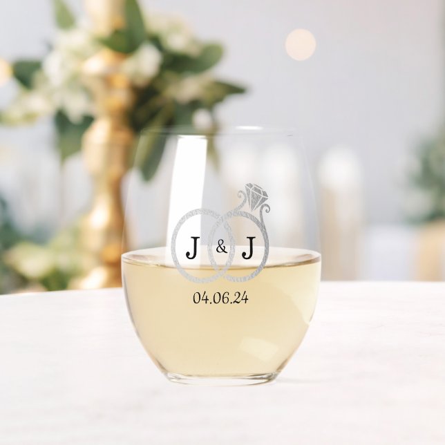 Chic Faux Silver Foil Monogram Wedding Rings Stemless Wine Glass (Insitu (Wedding))