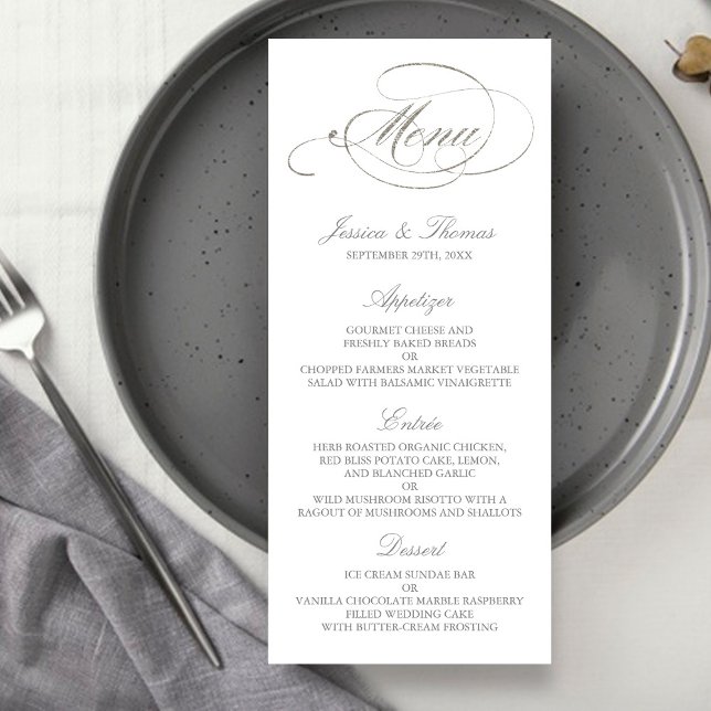 Chic Faux Silver Foil Wedding Menu Template (Creator Uploaded)