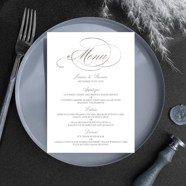 Chic Faux Silver Foil Wedding Menu Template (Creator Uploaded)