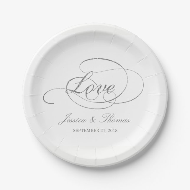 Chic Faux Silver Foil Wedding Reception Template Paper Plates (Front)