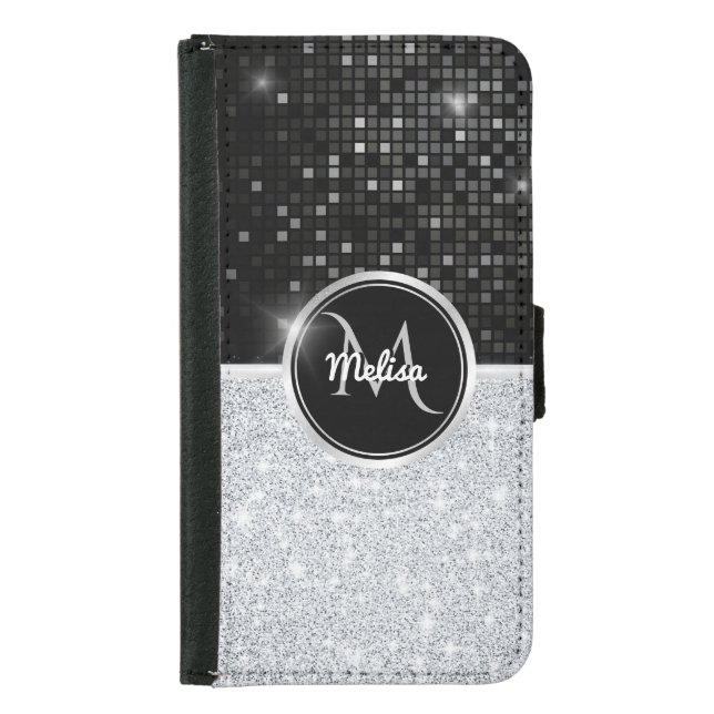 Chic faux Silver Glitter Black Glitter Monogram  Samsung Galaxy Wallet Case (Front)