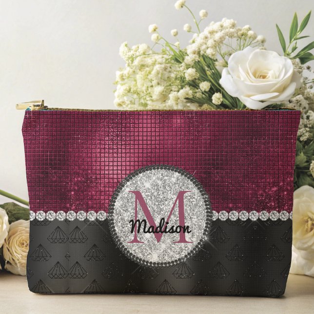 Chic faux Silver Glitter Burgundy Black monogram Accessory Pouch (Creator Uploaded)