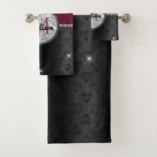 Chic faux Silver Glitter Burgundy Black monogram Bath Towel Set