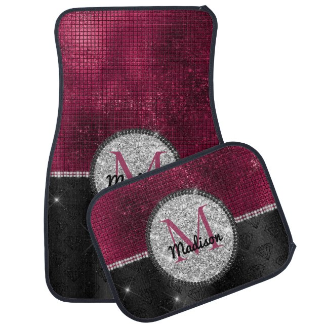 Chic faux Silver Glitter Burgundy Black monogram Car Floor Mat (Set)