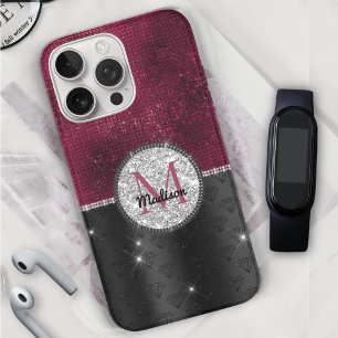 Chic faux Silver Glitter Burgundy Black monogram iPhone 16 Pro Case