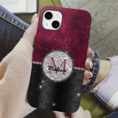 Chic faux Silver Glitter Burgundy Black monogram Case_Mate iPhone 14 Case