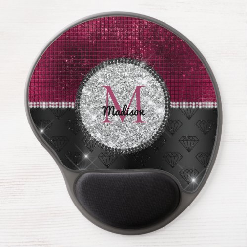 Chic faux Silver Glitter Burgundy Black monogram Gel Mouse Pad