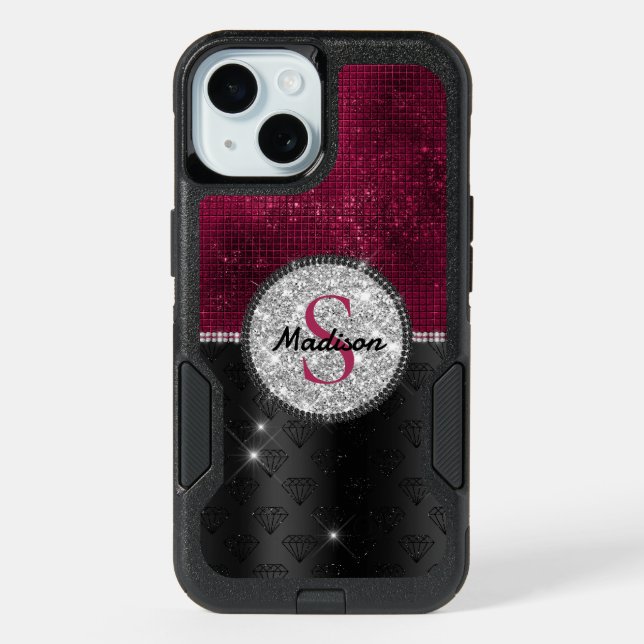 Chic faux Silver Glitter Burgundy Black monogram iPhone 15 Case (Back)