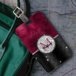 Chic faux Silver Glitter Burgundy Black monogram Luggage Tag