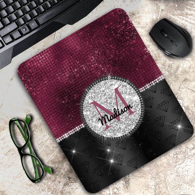 Chic faux Silver Glitter Burgundy Black monogram Mouse Pad (Creator Uploaded)