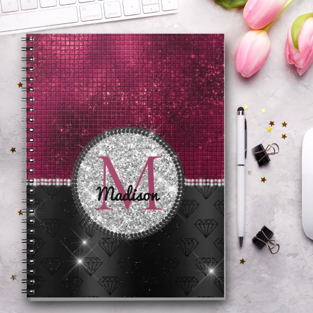 Chic faux Silver Glitter Burgundy Black monogram Notebook (Creator Uploaded)