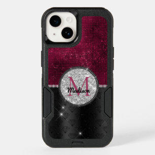 Chic faux Silver Glitter Burgundy Black monogram OtterBox iPhone 14 Case