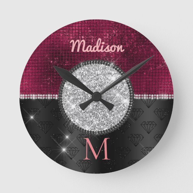 Chic faux Silver Glitter Burgundy Black monogram Round Clock (Front)
