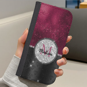 Chic faux Silver Glitter Burgundy Black monogram S Galaxy S4 Wallet Case