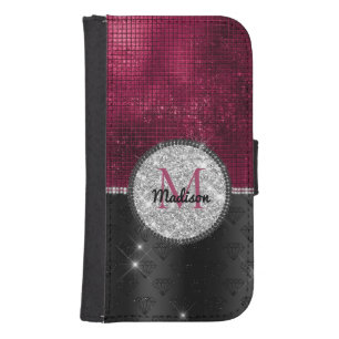 Chic faux Silver Glitter Burgundy Black monogram S Galaxy S4 Wallet Case