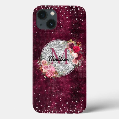 Chic faux Silver Glitter Burgundy Floral monogram iPhone 13 Case