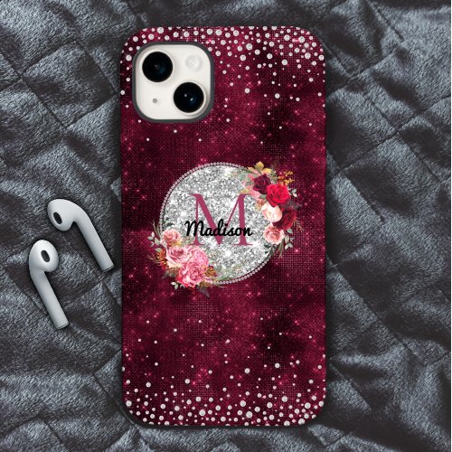 Chic faux Silver Glitter Burgundy Floral monogram Case_Mate iPhone 14 Case