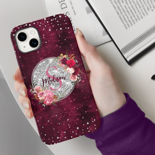 Chic faux Silver Glitter Burgundy Floral monogram iPhone 15 Case
