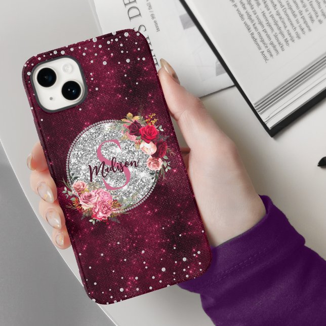 Chic faux Silver Glitter Burgundy Floral monogram Case-Mate iPhone Case (Creator Uploaded)