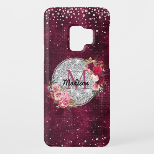 Chic faux Silver Glitter Burgundy Floral monogram Case_Mate Samsung Galaxy S9 Case