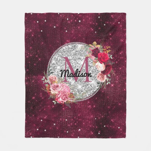 Chic faux Silver Glitter Burgundy Floral monogram Fleece Blanket