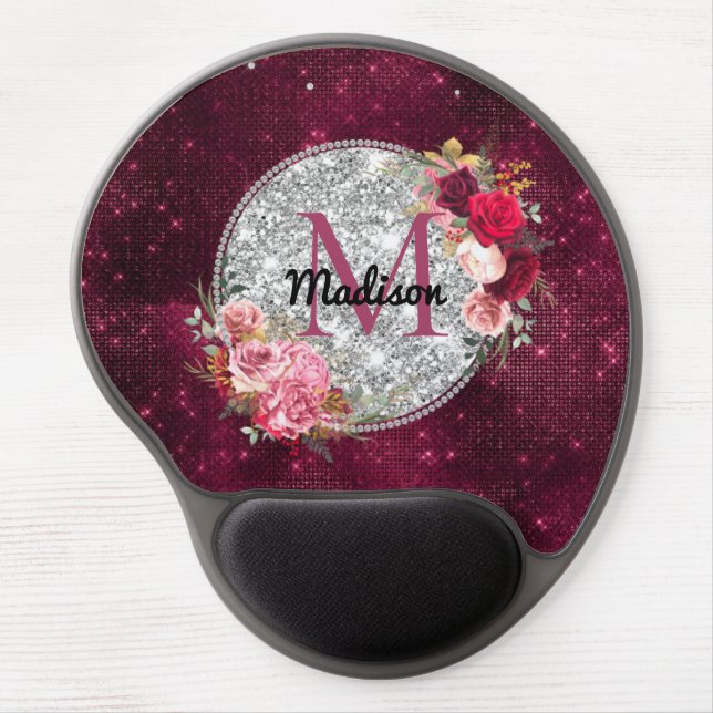 Chic faux Silver Glitter Burgundy Floral monogram Gel Mouse Pad (Front)