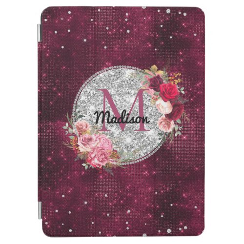 Chic faux Silver Glitter Burgundy Floral monogram iPad Air Cover