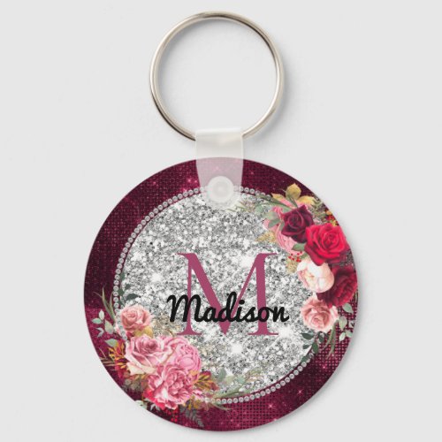 Chic faux Silver Glitter Burgundy Floral monogram Keychain