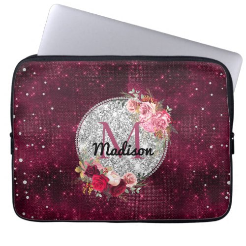 Chic faux Silver Glitter Burgundy Floral monogram Laptop Sleeve