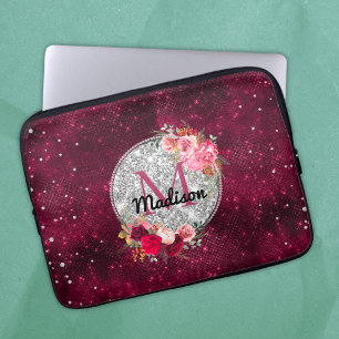 Chic faux Silver Glitter Burgundy Floral monogram Laptop Sleeve