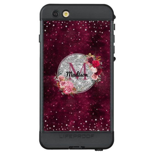 Chic faux Silver Glitter Burgundy Floral monogram LifeProof ND iPhone 6s Plus Case