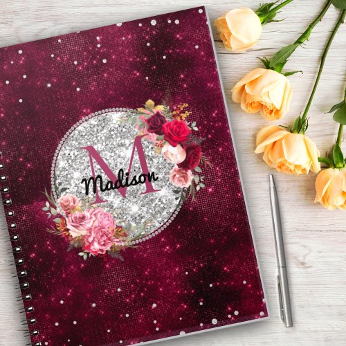 Chic faux Silver Glitter Burgundy Floral monogram Notebook