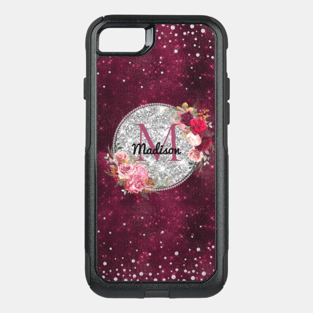 Chic faux Silver Glitter Burgundy Floral monogram Otterbox iPhone Case (Back)